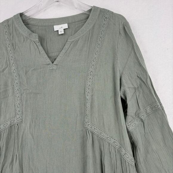 J. Jill Blouse Size S Green Boho Crinkle Texture Oversized Crochet Lace Trim - Picture 3 of 11